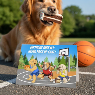 Lustiger Geburtstagshunde spielen Basketball-Torte Karte