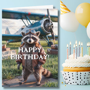 Lustiger Geburtstagswaschbär-Pilot & Flugzeug Foto Karte
