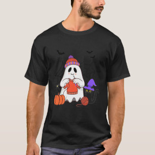 Lustiger Geist häkelt schwarze Katze Halloween T-Shirt