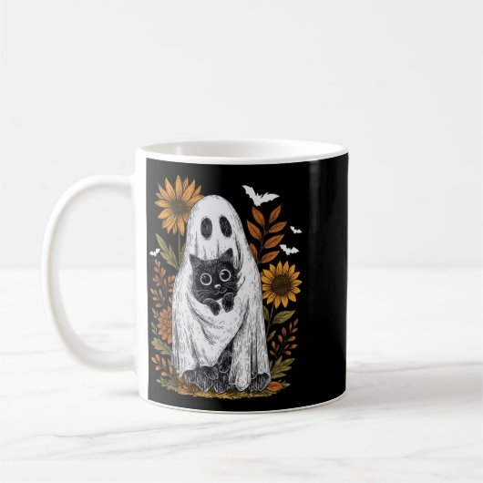 Lustiger Geist hält schwarze Halloween-Katze Geist Kaffeetasse (Links)