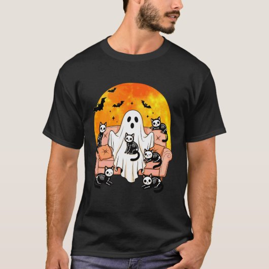 Lustiger Geist mit Skelettkatzen Röntgen-Halloween T-Shirt (Vorderseite)