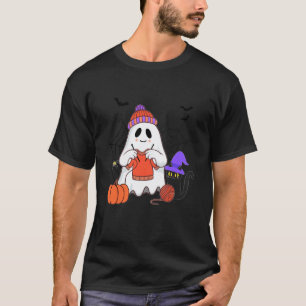 Lustiger Geist strickt schwarze Katze Halloween T-Shirt
