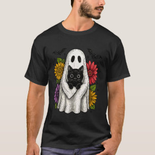 Lustiger Geist und schwarze Katze Halloween-Blumen T-Shirt