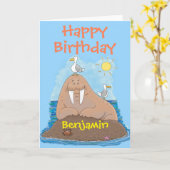 Lustiger glücklicher Walross-Cartoon illustation Karte (Gelbe Blume)