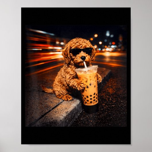 Lustiger Goldendoodle, der Eiskaffee trinkt, Tier- Poster (Vorne)