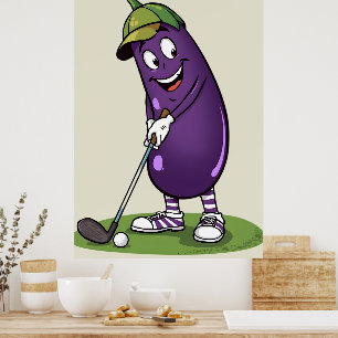 Lustiger Golf Auberginen Charakter: Cartoon Golfer Poster