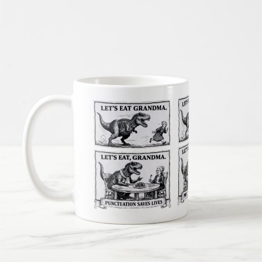 ☕ Lustiger Grammatik-Becher – „Lasst uns essen, Om Kaffeetasse (Links)