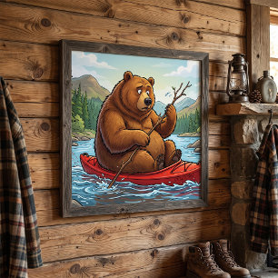 Lustiger Grizzlybär in einem Kajak-Cartoon Poster