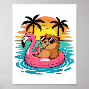 Lustiger Groundhog Hawaiianischer Flamingo Schwimm Poster