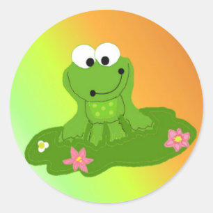 Lustiger grüner Frosch auf einem Seerosenblatt Runder Aufkleber