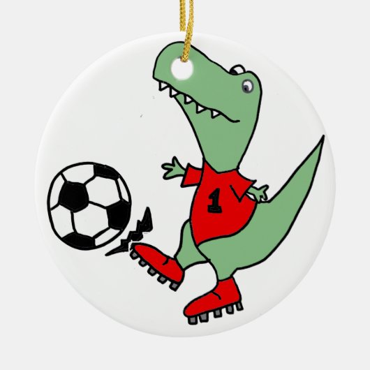 Lustiger grüner T-rex Dinosaurier, der Fußball Keramik Ornament (Vorne)