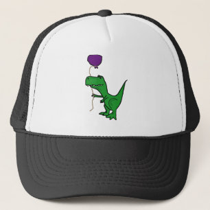 Lustiger grüner Trex Dinosaurier, der Ballon hält Truckerkappe