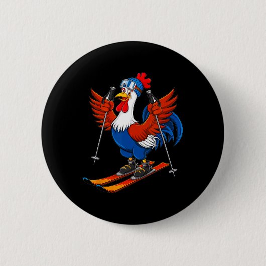 Lustiger Hahn-Ski-Abenteuer-Cartoon Button (Vorderseite)