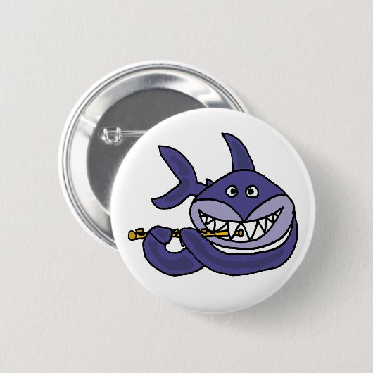 Lustiger Haifisch, der Flöten-Cartoon spielt Button (Vorne & Hinten)