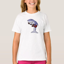 Lustiger Haifisch, der rote Gitarre spielt T-Shirt