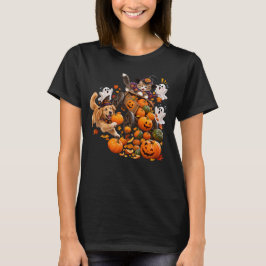 Lustiger Halloween-Katzen-Kürbis-Wagen-Chaos-Hund- T-Shirt
