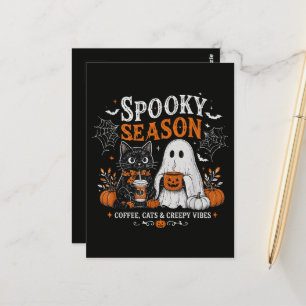 Lustiger Halloween-Schwarzer-Kater-und-Geist-Kaffe Postkarte