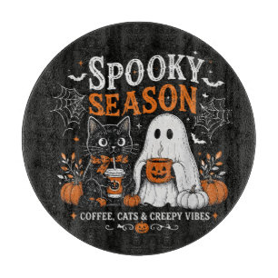 Lustiger Halloween-Schwarzer-Kater-und-Geist-Kaffe Schneidebrett