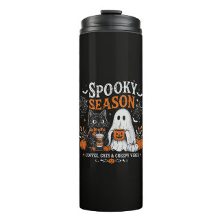 Lustiger Halloween-Schwarzer-Kater-und-Geist-Kaffe Thermosbecher