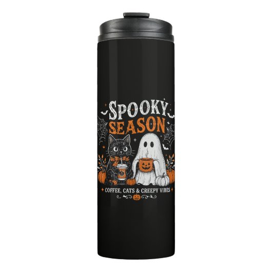 Lustiger Halloween-Schwarzer-Kater-und-Geist-Kaffe Thermosbecher (Vorderseite)