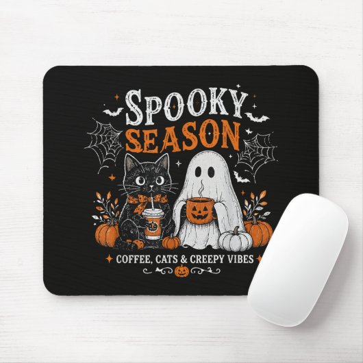 Lustiger Halloween-Schwarzer-Katze-und-Geist-Kaffe Mousepad (Mit Mouse)