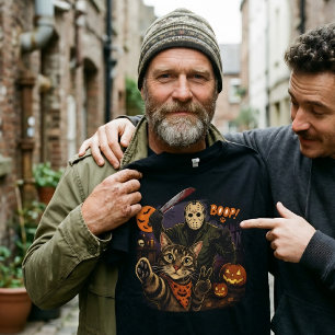 Lustiger Halloween-Selfie-Katze & Jason Voorhees T-Shirt
