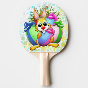 Lustiger Hase beißt ein Osterei Tischtennis Schläger