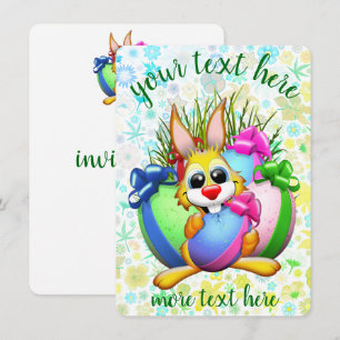 Lustiger Hase beißt in ein Osterei Einladung