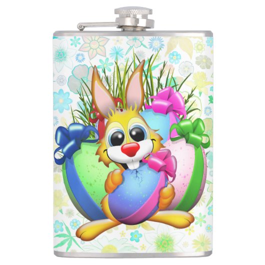 Lustiger Hase beißt in ein Osterei Flachmann (Vorderseite)