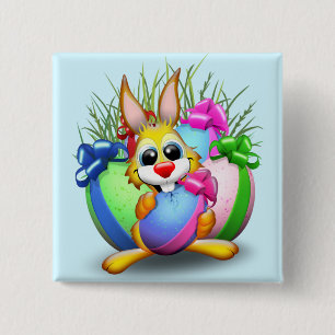 Lustiger Hase, der ein Osterei beißt Button