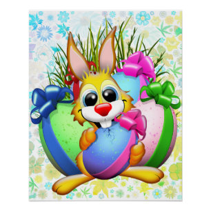 Lustiger Hase, der ein Osterei beißt Poster
