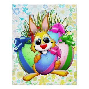 Lustiger Hase, der ein Osterei beißt Poster
