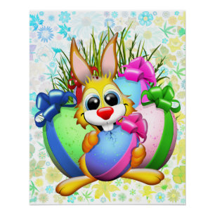 Lustiger Hase, der ein Osterei beißt Poster