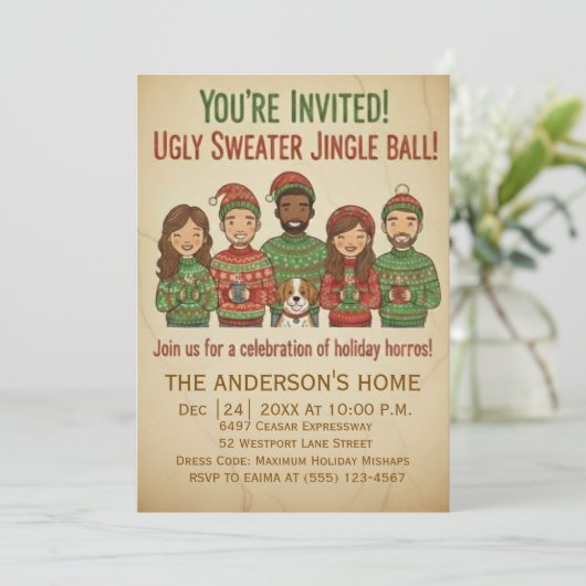 Lustiger hässlicher Pullover Jingle Ball Retro Wei Einladung (Stehend Vorderseite)