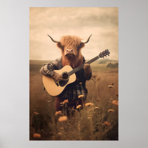 Lustiger Highland-Kuh-Gitarren-Druck Retro-Tier-Wa Poster