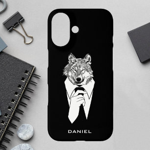 Lustiger Hipster-Wolf mit schwarzem Smoking person iPhone 16 Hülle