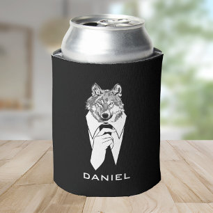 Lustiger Hipster-Wolf mit schwarzem Smoking person Dosenkühler