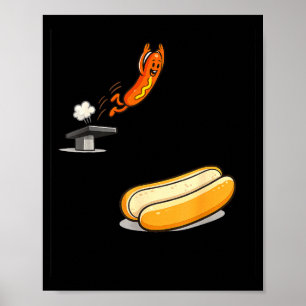 Lustiger Hotdog springt in Brötchen Cartoon Essen Poster
