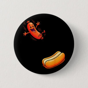 Lustiger Hotdog springt in Brötchen Wurst BBQ hoch Button