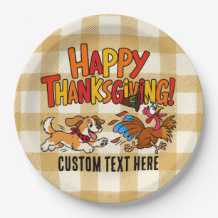 Lustiger Hund jagt Truthahn Karo Happy Thanksgivin Pappteller