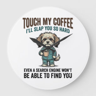 Lustiger Hund Kaffee Warnung Vintage Gravur Design Große Wanduhr