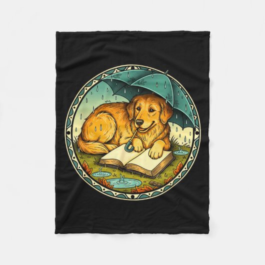 Lustiger Hund liest Buch Regen Gemütlicher Schirm Fleecedecke (Vorderseite)