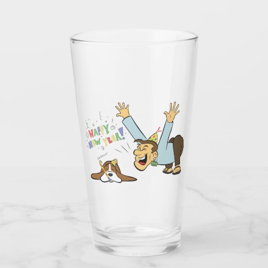 Lustiger Hund und Mann feiern neue Jahr-Cartoon Glas (Vorderseite)