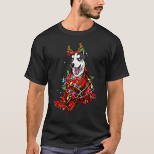 Lustiger Husky-Rentiere-Geweihe-Lichter-Weihnachte T-Shirt