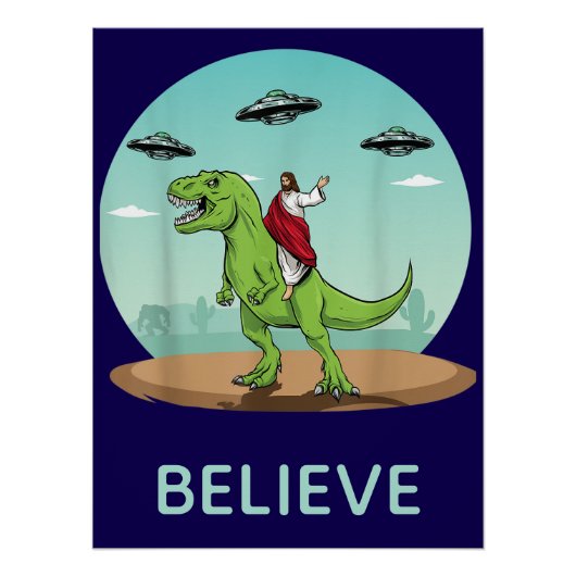 Lustiger Jesus Dinosaur UFO Glaube Retro  Poster (Vorderseite)
