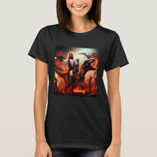 Lustiger Jesus Kunst Druck Katze Dinosaurier T-Shirt