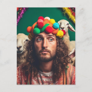Lustiger Jesus und Schafe auf einer bunten Geburts Postkarte