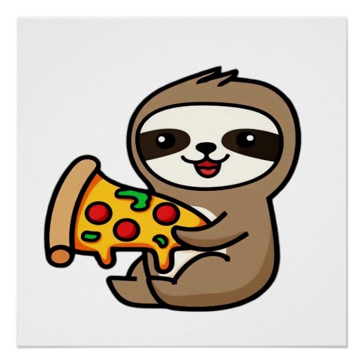 Lustiger Kawaii Chibi Faultier mit Pizza � Süße Ze Poster (Vorderseite)