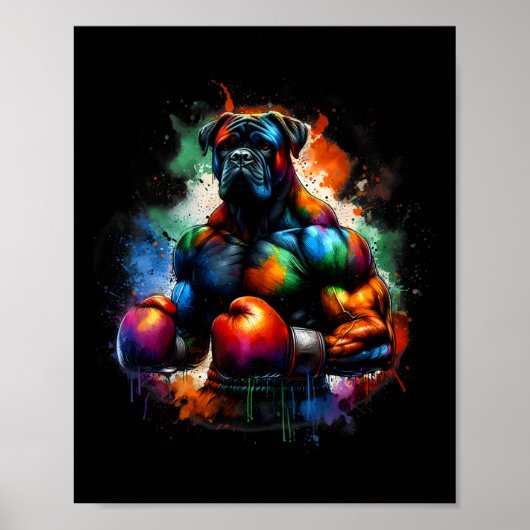 Lustiger Kickboxer- oder Boxerhund Farbspritzer Poster (Vorne)