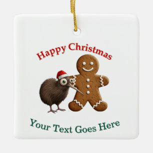 Lustiger Kiwi-Vogel in Santa-Hut und Lebkuchenmann Keramikornament